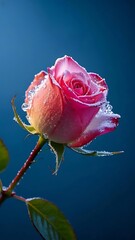 Pink Rose Bud with Water Droplets on a Blue Background, 4k