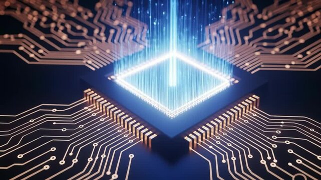 A powerful computer processor is shown with data streams flowing into it from above