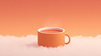 Surreal landscape with gigantic glowing orange cup of coffee floating above soft clouds, dreamy atmosphere, warm color palette, whimsical and imaginative scene