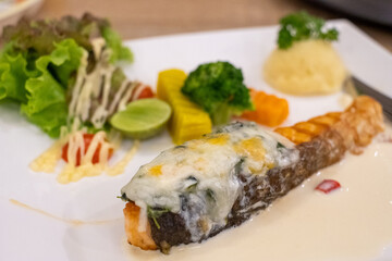 Grilled Salmon with Vegetables and Cream Sauce
