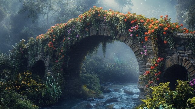 Ancient stone arch bridge draped in vibrant flowers and greenery, nestled in a misty forest