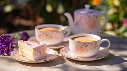 Afternoon tea with floral porcelain tea set, pretty sponge cakes, teatime set amid English garden roses in dappled countryside light