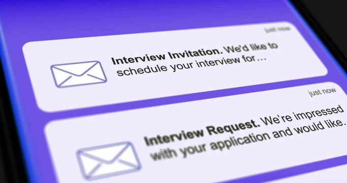 Interview Invitation incoming messages on smartphone screen, job interview appointment sms, list of scrolling messages, footage 