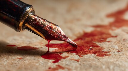 Blood fountain pen dripping red ink on paper close up writing concept stock photo