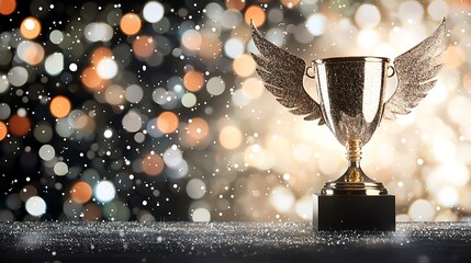 Majestic golden eagle trophy on high podium award ceremony glittering environment inspirational viewpoint celebrating achievement