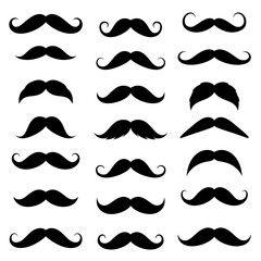 Moustache icons. Black moustaches, man accessories or props. Barber shop, gentlemen model face hairs. Isolated hipster fashion vector set