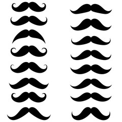 Moustache icons. Black moustaches, man accessories or props. Barber shop, gentlemen model face hairs. Isolated hipster fashion vector set