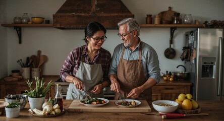 middle aged asian couple in rustic kitchen preparing dinner together smiling