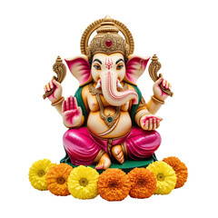 Vibrant Ganesha Statue Surrounded by Marigold Flowers