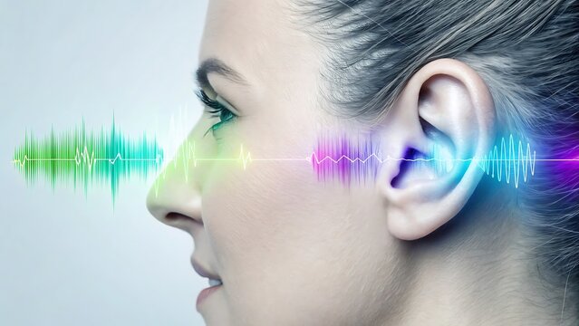 Hearing test sound waves woman ear health audiologist concept