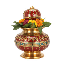 Ornate Indian Kalash Vessel with Marigold and Leaves