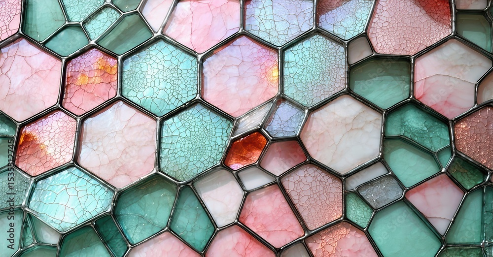 Poster hexagonal glass pieces create mosaic pattern. colors include teal, pink, orange, white. cracks visib