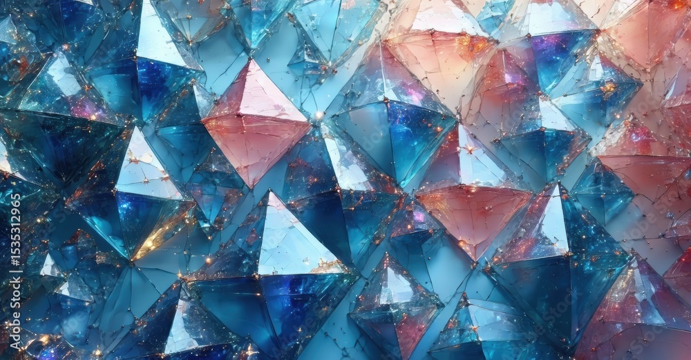 Poster fractured geometric shapes, vibrant blues, reds, textures create abstract mosaic pattern. light refl