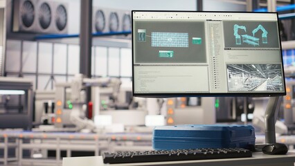 Display in industry 4.0 solar panels plant troubleshooting equipment malfunctions through IoT sensors. Monitor in smart photovoltaics factory alerting in case of maintenance need