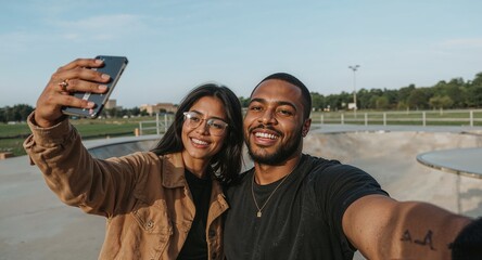 young african couple in skatepark taking a selfie playful
