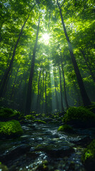 Obraz premium Sunlight filtering through dense forest canopy, illuminating a serene stream surrounded by lush greenery.
