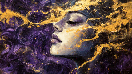 Surreal Golden Dreams – Abstract Portrait of a Woman in Purple and Gold