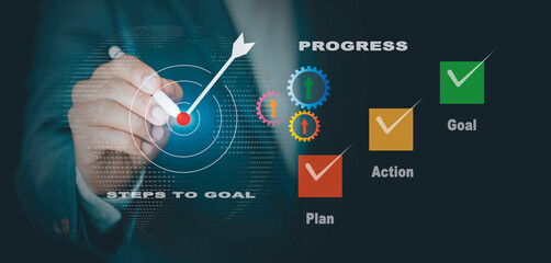 Steps to goal achieved progress concept. achievement process.Checklist, Workflow Process for Quality Assurance completion, Business action plan, Management, and tracking strategies