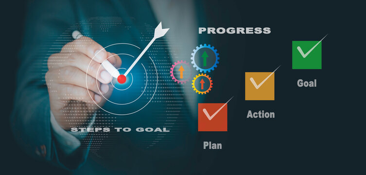 Steps to goal achieved progress concept. achievement process.Checklist, Workflow Process for Quality Assurance completion, Business action plan, Management, and tracking strategies