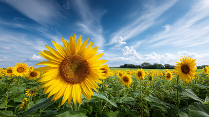 Fototapeta premium A beautiful, sun-drenched spring summer meadow. Natural colorful panoramic landscape with many wild flowers of daisies against blue sky. A frame with soft selective focus.