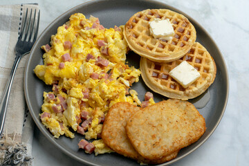 scramble egg and ham   with waffles,