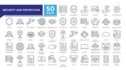 Security and protection lineal icon set collection. This set includes hosting, cyber security, camera, server and more icons in 
lineal style. Vector icons collection for websites and infographics