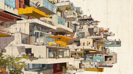 Fototapeta premium Abstract depiction of modern architecture featuring colorful balconies and unique urban design elements in a vibrant aesthetic