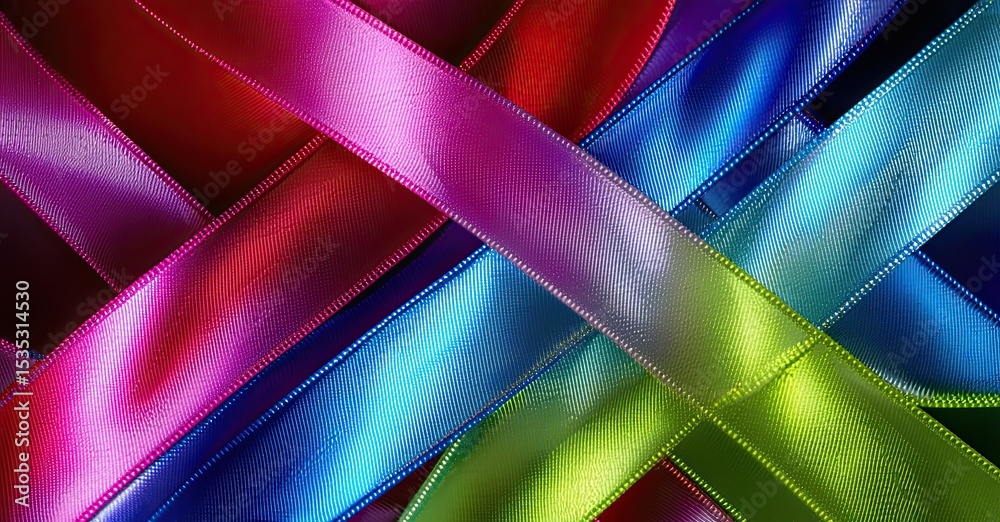 Poster Bright ribbons intersect, creating vibrant abstract pattern. Colors blend, offering dynamic visual experience. Smooth textures dominate composition.
