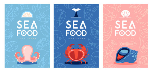 Set of Seafood restaurant posters or menu design with crab, octopus and rapana. Vector illustration