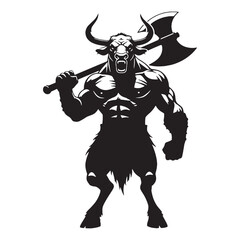 Dark Realm Minotaur Depiction from Uncharted Wilderness Outline with Chilling Effect - minotaur silhouette - minotaur vector - silhouette of minotaur - Minotaur illustration
