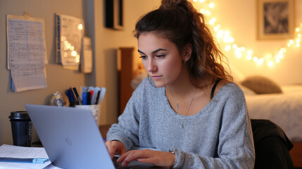 A young woman typing an essay on a laptop, with papers, coffee, and stationery on her desk in a cozy dorm room