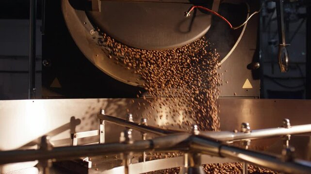 Hot roasted coffee beans cascading from industrial roasting machine, creating fragrant waterfall of rich brown color and releasing intense aromatic waves during professional manufacturing process
