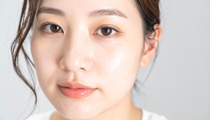 Fototapeta premium 透明感のある肌, 日本人の若い女性, ナチュラルメイク, 近接撮影, 光を活かした演出 Translucent skin, young Japanese woman, natural makeup, close-up shot, light-driven aesthetic