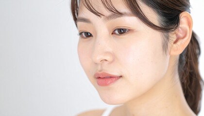Obraz premium 透明感のある肌, 日本人の若い女性, ナチュラルメイク, 近接撮影, 光を活かした演出 Translucent skin, young Japanese woman, natural makeup, close-up shot, light-driven aesthetic