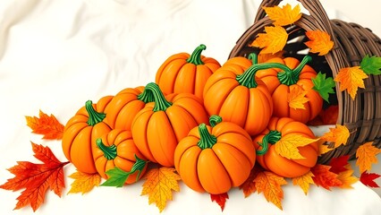 Abundant autumn: Pumpkins spilling from a wicker basket with vibrant fall leaves. Harvest season.