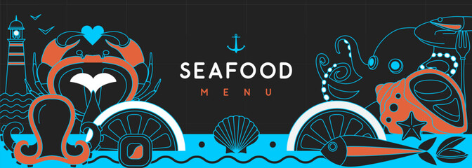 Flat seafood poster or banner with crab, fish, shrimp, oysters, octopus and lobster. Restaurant seafood menu design. Vector illustration © annbozhko