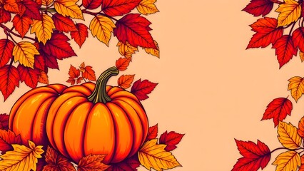 Vibrant autumn illustration: pumpkins and colorful leaves. Seasonal design. Fall harvest background.