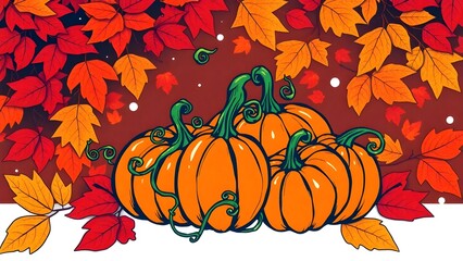 Vibrant autumn pumpkins with swirling vines amidst colorful fall foliage. Seasonal harvest graphic.