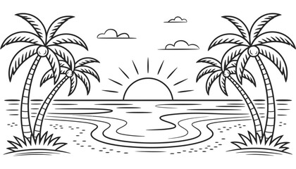 Tropical island vector illustration with palm trees on a summer beach, a perfect exotic paradise design
