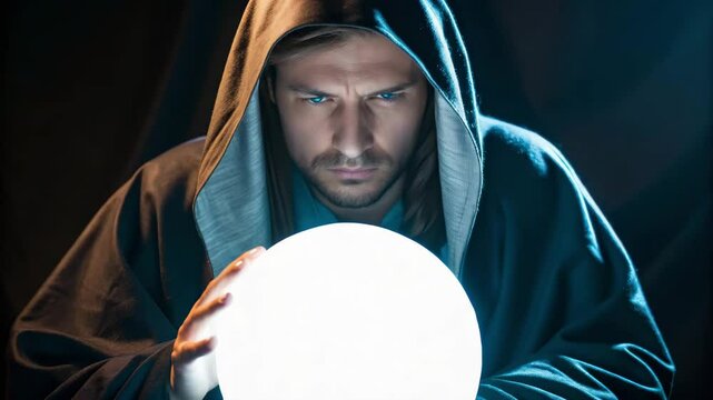 Fortune teller and horoscope concpet ,Mysterious figure dark hooded robe gazes glowing crystal ball, revealing magic and fortune.