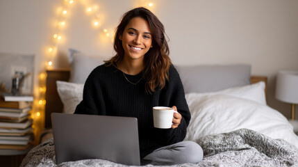 A student attending an online class on a laptop in a cozy bedroom, books and coffee on the desk, casual and comfortable atmosphere.