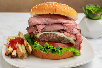  roast beef cheese burger  with fries