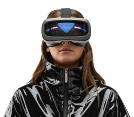 Young Woman in VR Headset with Futuristic Design