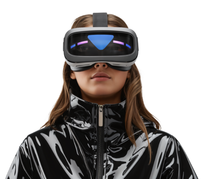 Young Woman in VR Headset with Futuristic Design