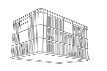 Detailed Wireframe Line Drawing of Plastic Carrying Crate - Monochrome Technical Illustration for Warehouse Storage and Transport Packaging - Simple Outline Schematic Vector Design Element Isolated