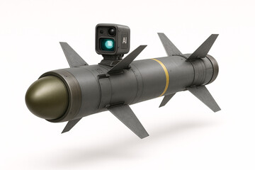 Close up of a gray missile with ai technology on a white background in a studio setting style