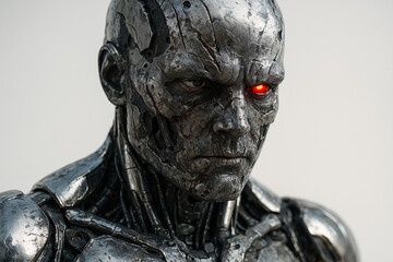 Close up shot of a metallic cyborg head with a red glowing eye and visible mechanical details