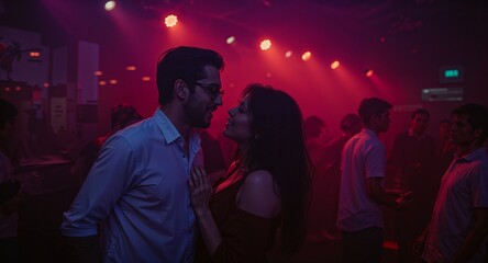 young hispanic couple inside underground music club dancing in lights