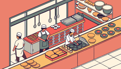 A busy kitchen filled with bustling chefs all focused on creating the perfect arepas for their eager customers.. Vector illustration          