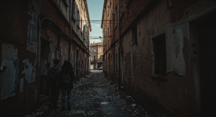 young interracial couple hiding in shadowed alleyway of ruined building alert